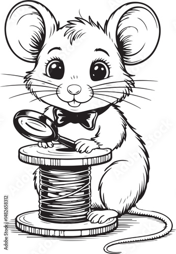 cartoon mouse sitting with large spool of thread, playful black and white illustration perfect for kids or crafts theme