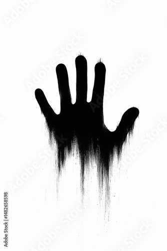 Black handprint with dripping paint on white background, creating a dramatic and eerie artistic effect.