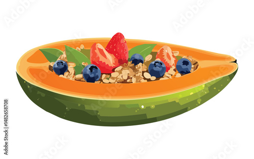 Papaya fruit with oatmeal and strawberry and blueberry - vector illustration