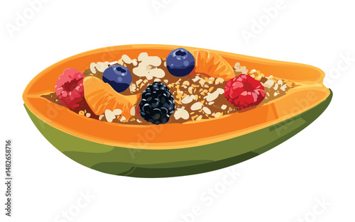 Papaya with granola and berries - vector illustration