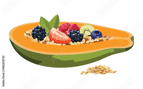 Papaya boat filled with mixed berries and granola - vector illustration