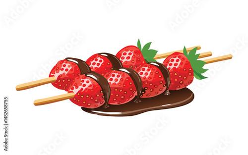 skewered strawberries with chocolate sauce - vector illustration