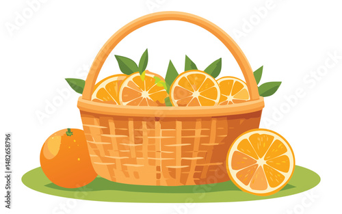 Orange Tangerine on Summer Basket - Vector Illustration