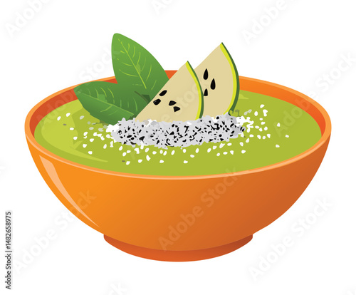 Bowl of green fruit smoothies with slice of fruit topping and chia seeds - vector illustration 