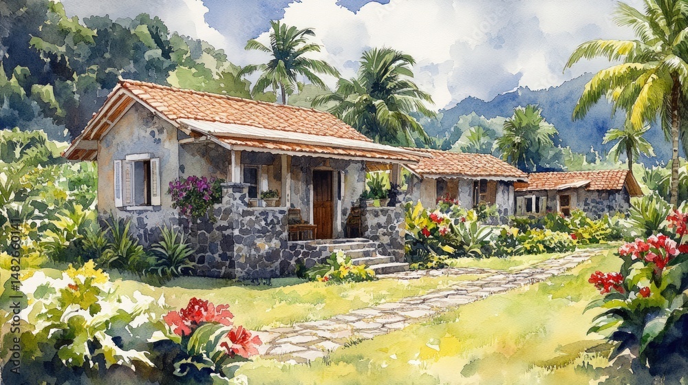 Obraz premium Rustic tropical home nestled in lush gardens