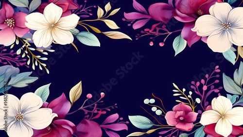 Elegant floral arrangement with watercolor style flowers and leaves against a deep navy blue background