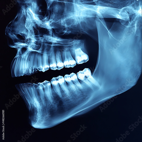 X ray image of human jaw showcasing teeth with visible wear and damage, highlighting dental health issues and importance of oral care. image evokes sense of concern for dental well being