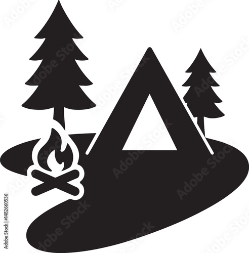 Silhouette vector of a forest campsite with tent and trees, perfect for camping, outdoor adventure, nature, hiking, and wilderness themes.