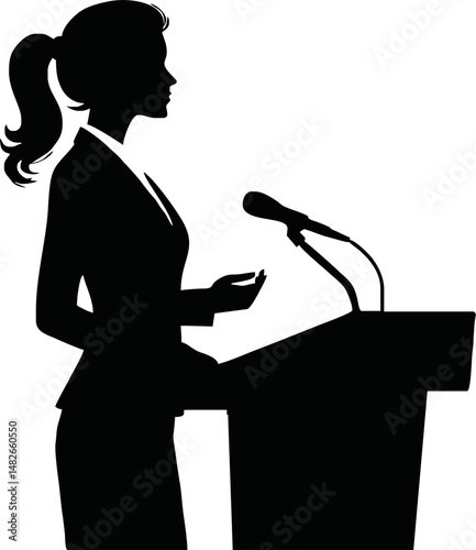 Silhouette of a leader or CEO speaking at a podium, public speaking or leadership concept, flat vector in black and white, minimal and professional style