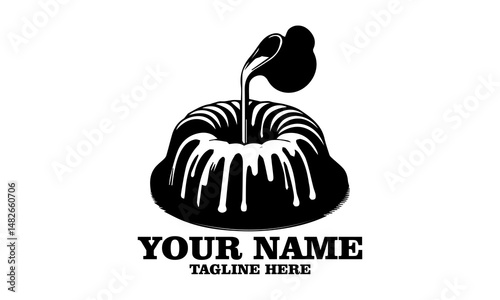 Pouring palm sugar frosting over bundt cake isolated illustration vector art, Pouring icing frosting over bundt cake isolated logo icon and Isolated on a white background 
