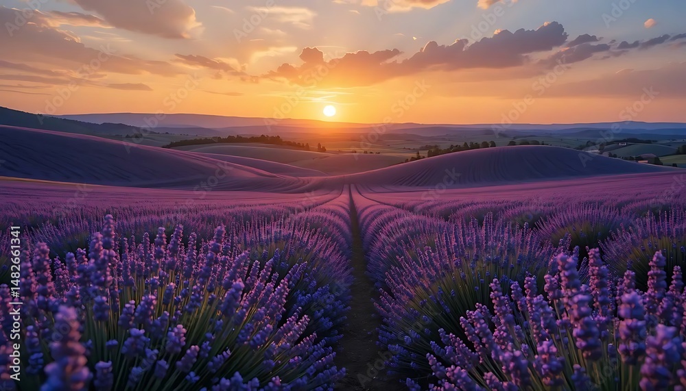 Obraz premium Scenic lavender field stretches into the horizon at dusk, illuminated by a soft, golden sunset glow
