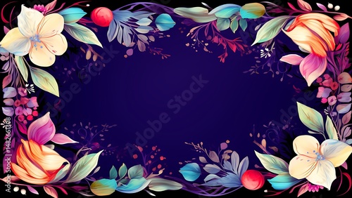 Elegant floral border design with colorful flowers and foliage on a dark blue background