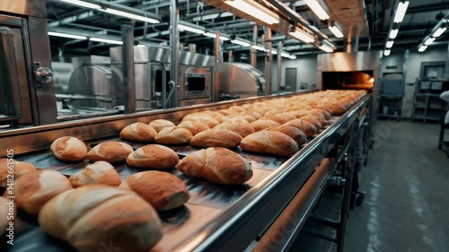 Automated bakery conveyor line with freshly baked bread loaves, representing industrial food production, mass baking and factory process efficiency