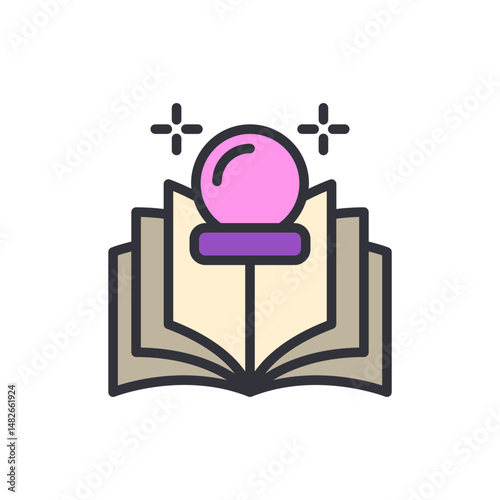 Glowing Crystal Ball On Top Of Opened Spell Book Vector Illustration
