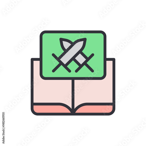 Open Book Depicting A Duel Between Two Crossed Swords Symbolizing Conflict