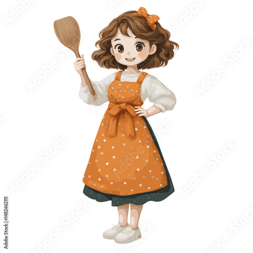 Kawaii style flat vector illustration of a female chef holding wooden spoon and wearing apron white background