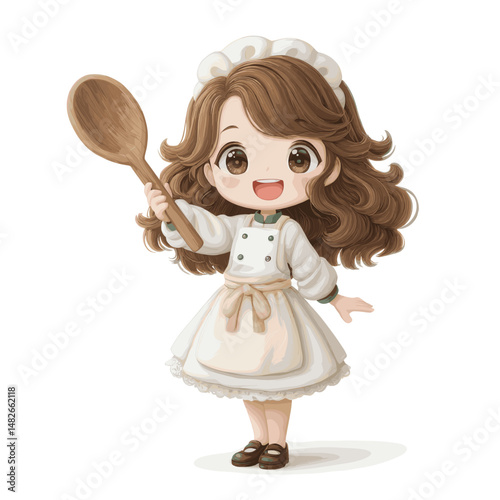 Kawaii style flat vector illustration of a female chef holding wooden spoon and wearing apron white background