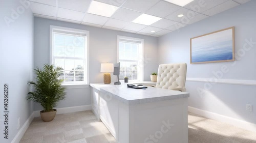 Wallpaper Mural Serene Office Space: A bright, minimalist office setup, flooded with natural light, featuring a modern desk, comfortable chair, and serene decor. Torontodigital.ca