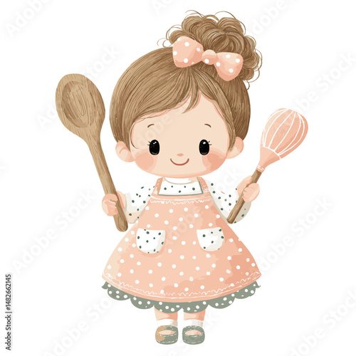 Kawaii style flat vector illustration of a female chef holding wooden spoon and wearing apron white background