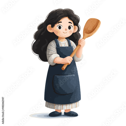 Kawaii style flat vector illustration of a female chef holding wooden spoon and wearing apron white background