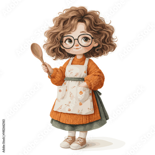 Kawaii style flat vector illustration of a female chef holding wooden spoon and wearing apron white background
