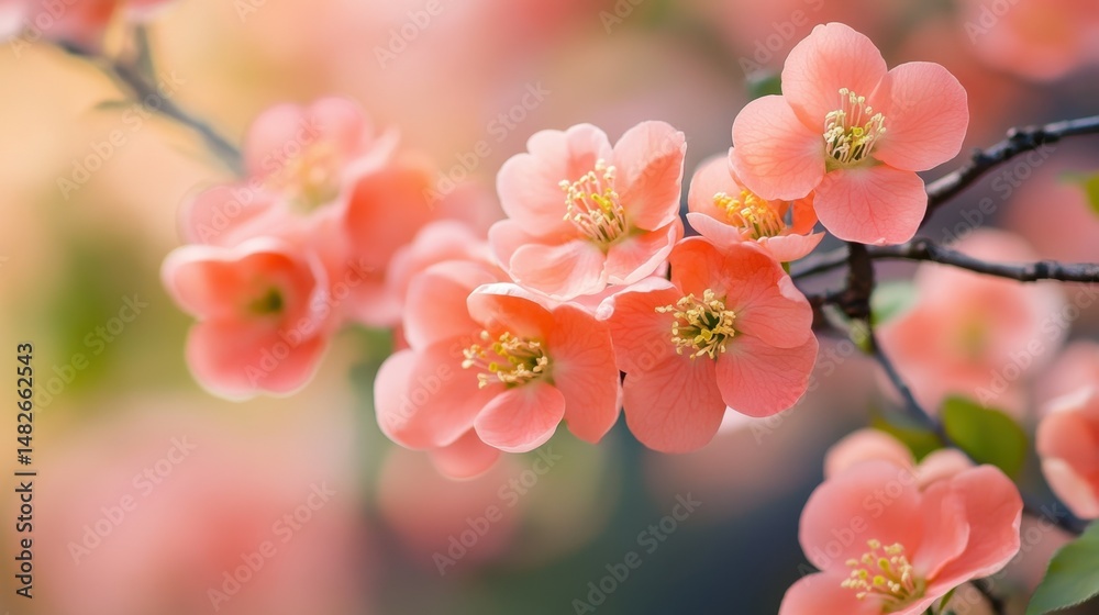 Obraz premium Blooming pink-orange branches of Japanese quince in spring outdoor with copy space. Bush in blossom with vibrant flowers