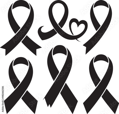 Set of black awareness ribbons in different styles, symbol of support, mourning, or causes, simple icon illustration