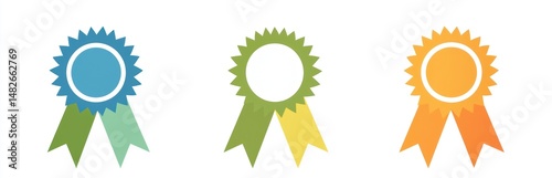 Flat design of 4 cute award ribbons, colored green, blue, orange, and yellow, on a white backdrop,,,