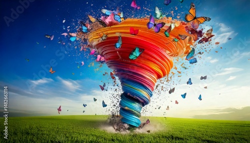 A tornado spins wildly, flinging streaks of paint and clouds of butterflies into the air