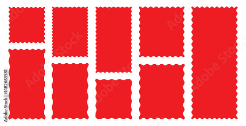 Rectangle shape frame with zigzag edge. red color frame. Geometric shapes with scallop and zigzag edges set. zigzag edge, et of frames with scallop edge shape.