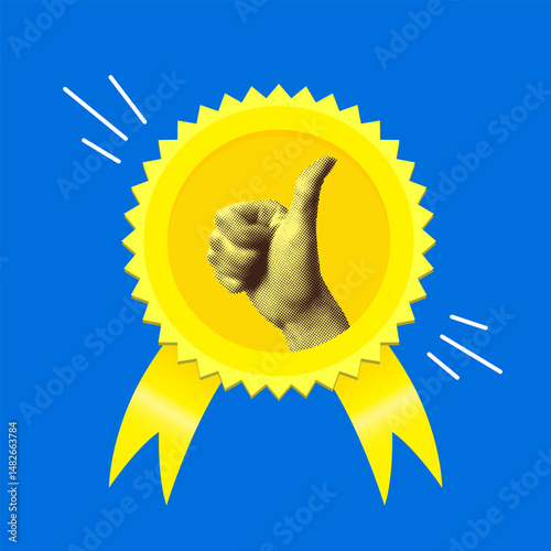 Quality assurance medal with hand with thumbs up inside. Quality guarantee with ribbon. High quality rating. Certificate of achievement. Winner of the competition