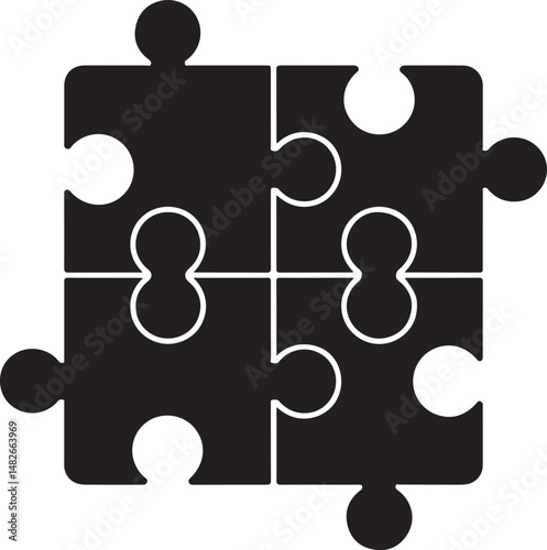Black silhouette of puzzle pieces in connected layout, simple symbol of problem solving, teamwork, and creative thinking