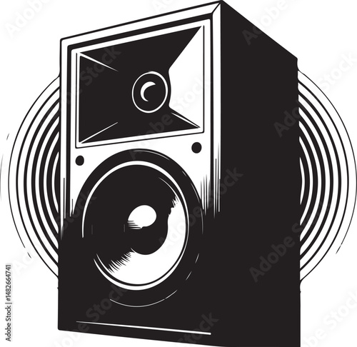  illustration of loud speaker with sound waves, bold stereo equipment icon for music or audio theme