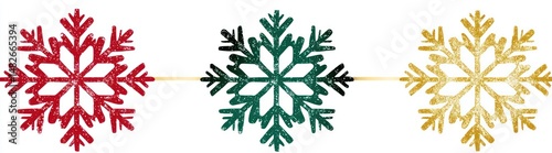 Red, green, and gold snowflake icons in a repeating arrangement on a white background.