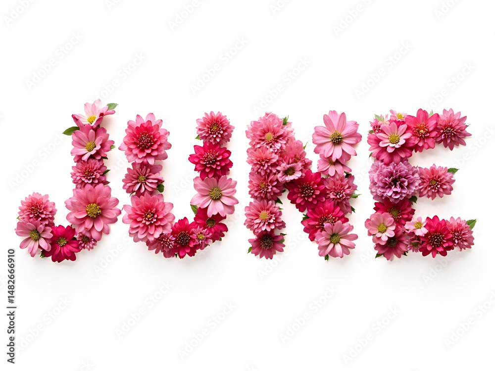 Fototapeta premium Floral typography of June created with pink and red daisies isolated on white