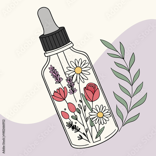 Illustration of serum for the face with herbs. Vector graphics