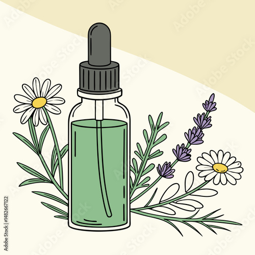 Illustration of serum for the face with herbs. Vector graphics