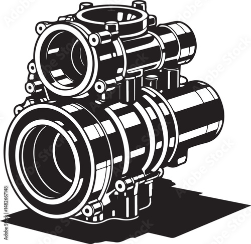 Technical illustration of mechanical engine part with detailed cylinders and piping, black industrial component