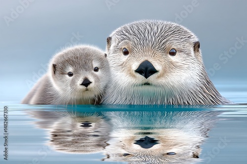 A sea otter floating peacefully with its pup in clean, oil-free water