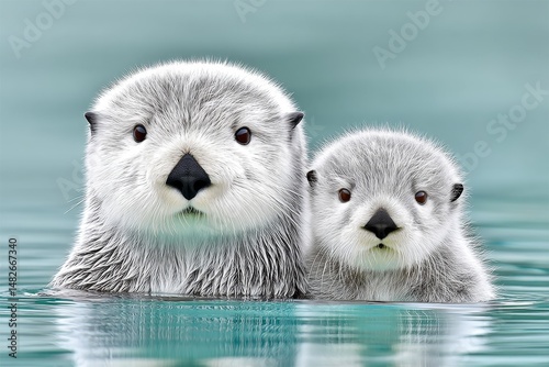 A sea otter floating peacefully with its pup in clean, oil-free water