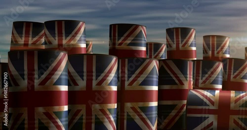 UK Great Britain oil business and petrol extraction barrels in row concept. British fuel industrial metal drum containers.