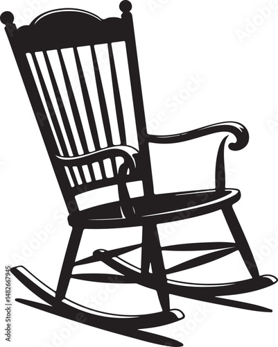 Vintage wooden rocking chair illustration in black silhouette, traditional furniture symbol of comfort, nostalgia, and home decor