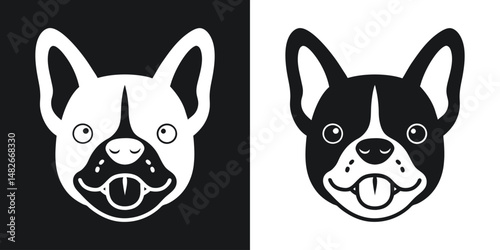 Black and white cartoon illustration of a happy french bulldog dog face