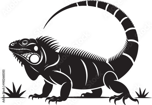 Black silhouette of iguana lizard standing alert, detailed tropical reptile vector illustration for wildlife or exotic pet designs