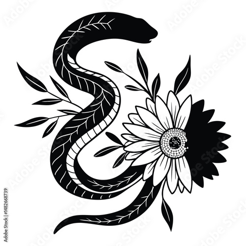 a-silhouette-of-a-snake-curled-around-a-sunflower-.eps