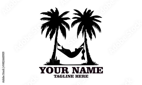illustration tropical hammock scene and person unwinding between palm trees vector design. relax lies in hammock surrounded by palm trees illustration vector logo art , Isolated on a white background