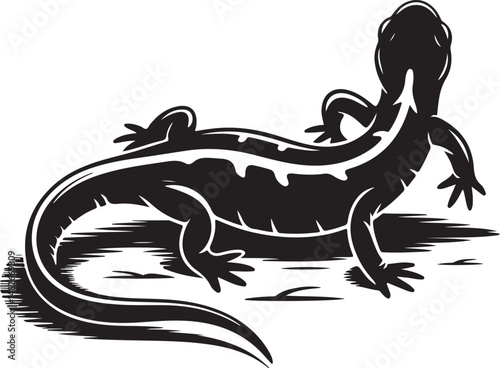  Illustration of lizard crawling from rear view, black silhouette design showing tail and legs in natural motion pose