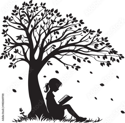 Silhouette of Girl Reading Book Under Tree with Falling Leaves – Peaceful Autumn Scene