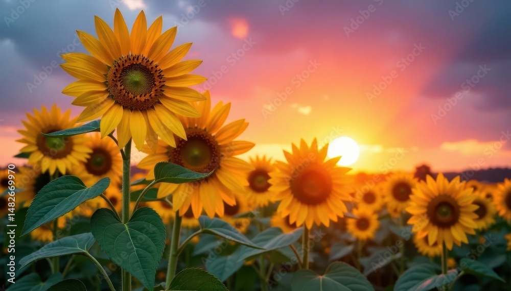 Obraz premium Tall sunflowers facing setting sun, intense colors , vibrant, field, evening