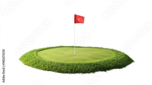 a golf hole with flag on a blank white background . Isolated on pure white. 3d illustration